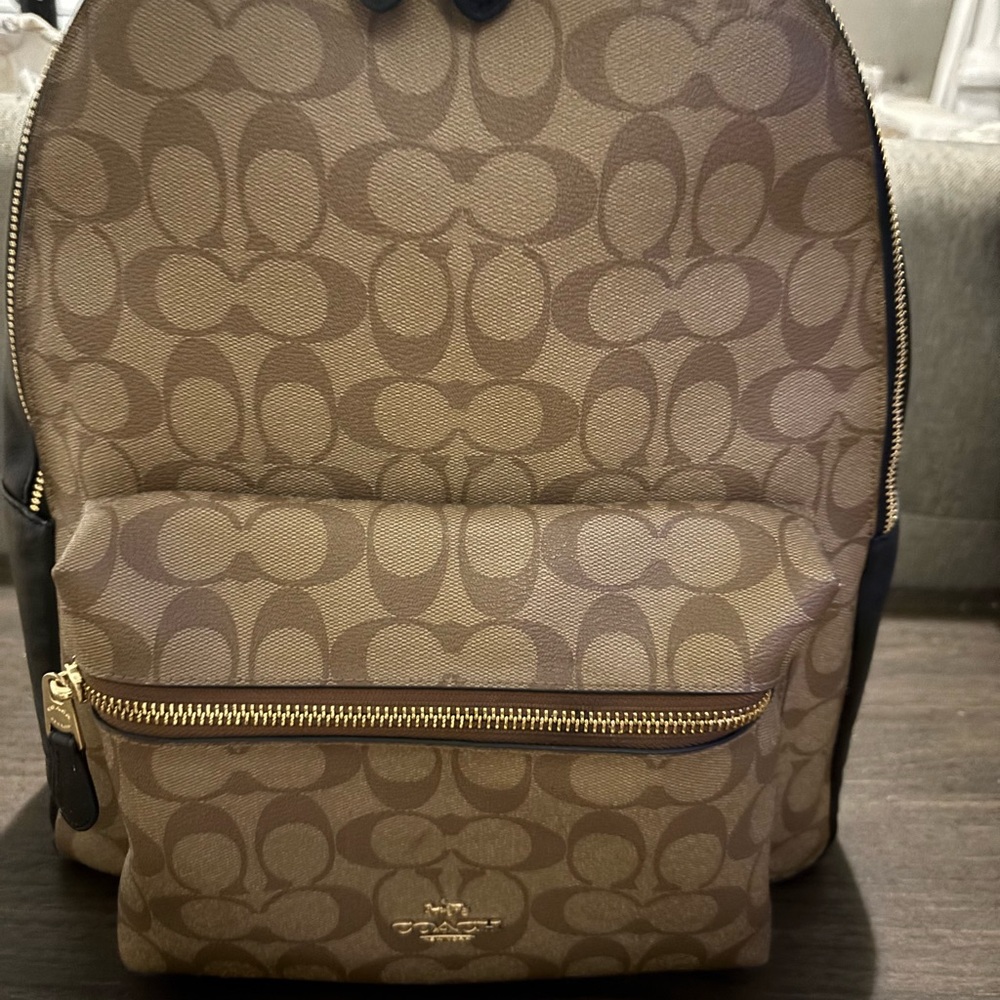Coach Tan Monogram Backpack with Gold Zipper
